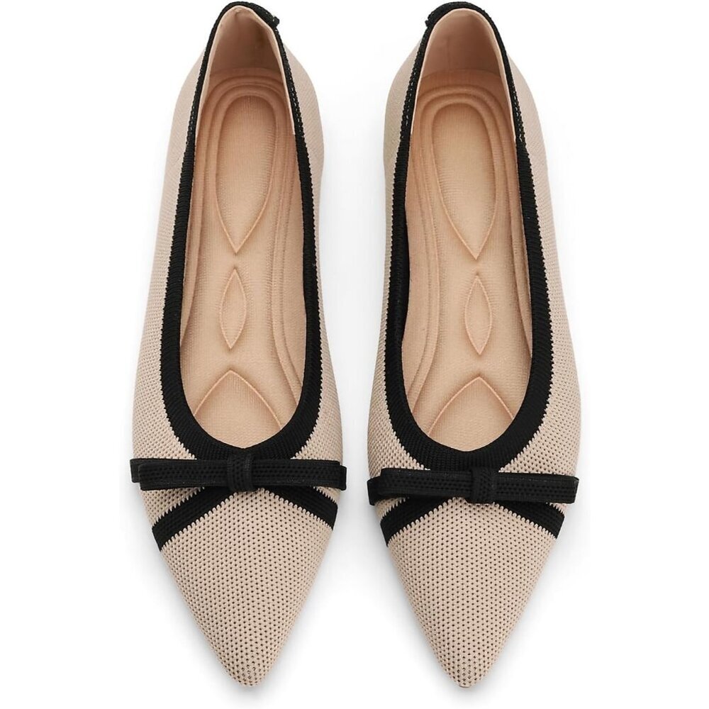 Women's Beige Black Pointed Toe Knit Foldable Ballet Comfortable Slip On Shoes - Picture 1 of 5